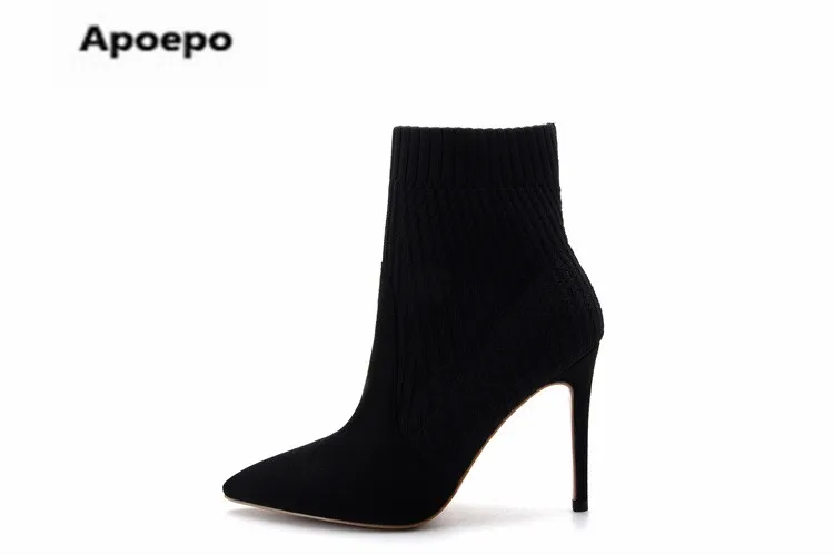 

Selling brand black Beige High Knit Boots Woman Chunky High Heel Sock Ankle Boots Pointed Toe Block Heels Short Boots 10CM /8CM