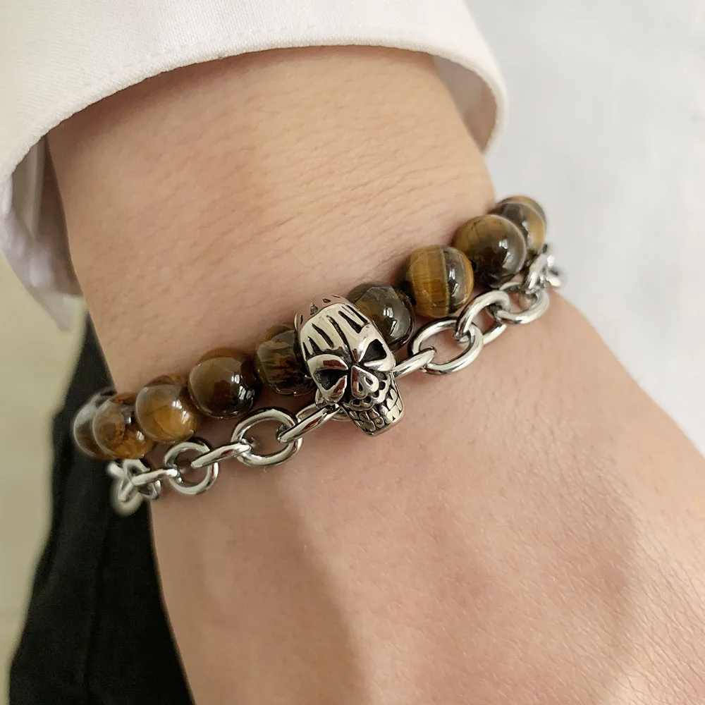 Натуральный камень бусины браслет рок нержавеющая сталь Скелет Череп с