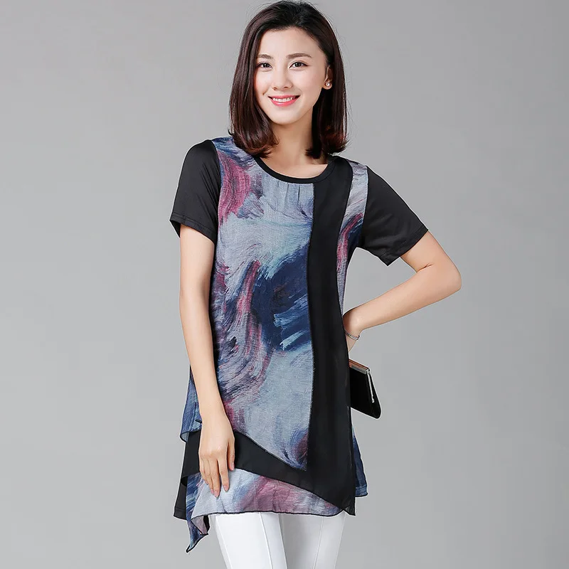 2017 Новинка футболки с круглым вырезом Летняя блузка длинным рукавом шифон Блузки