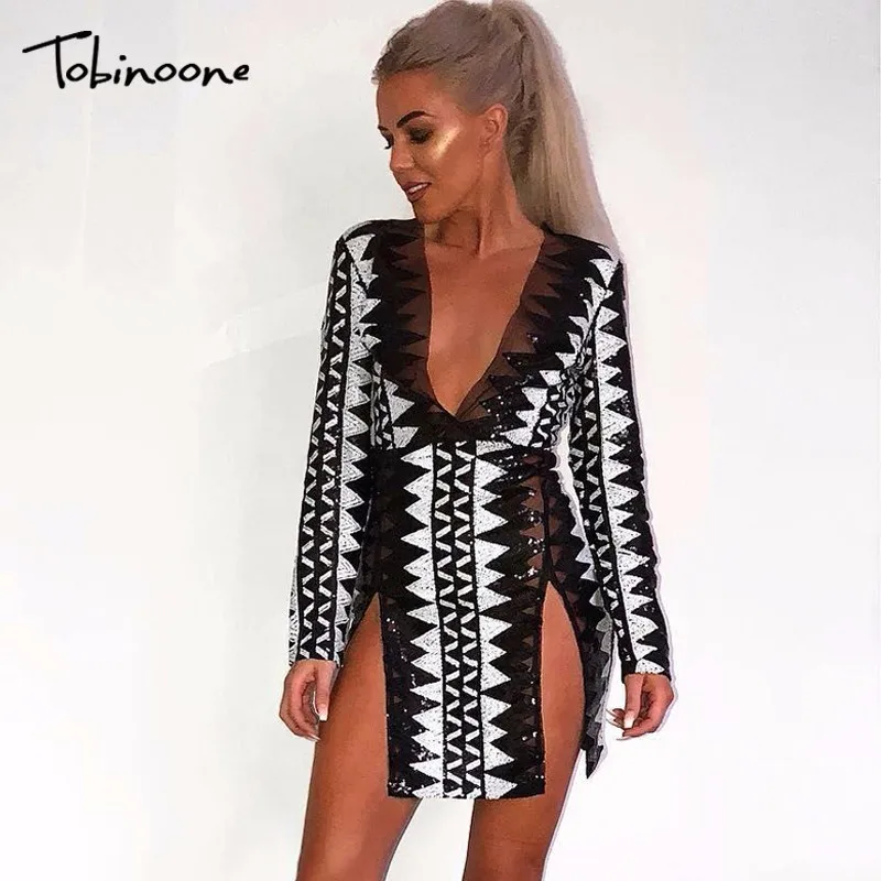 Tobinoone Sexy club strap mini dress women V neck sequin party dresses vestidos skinny christmas short autumn dress