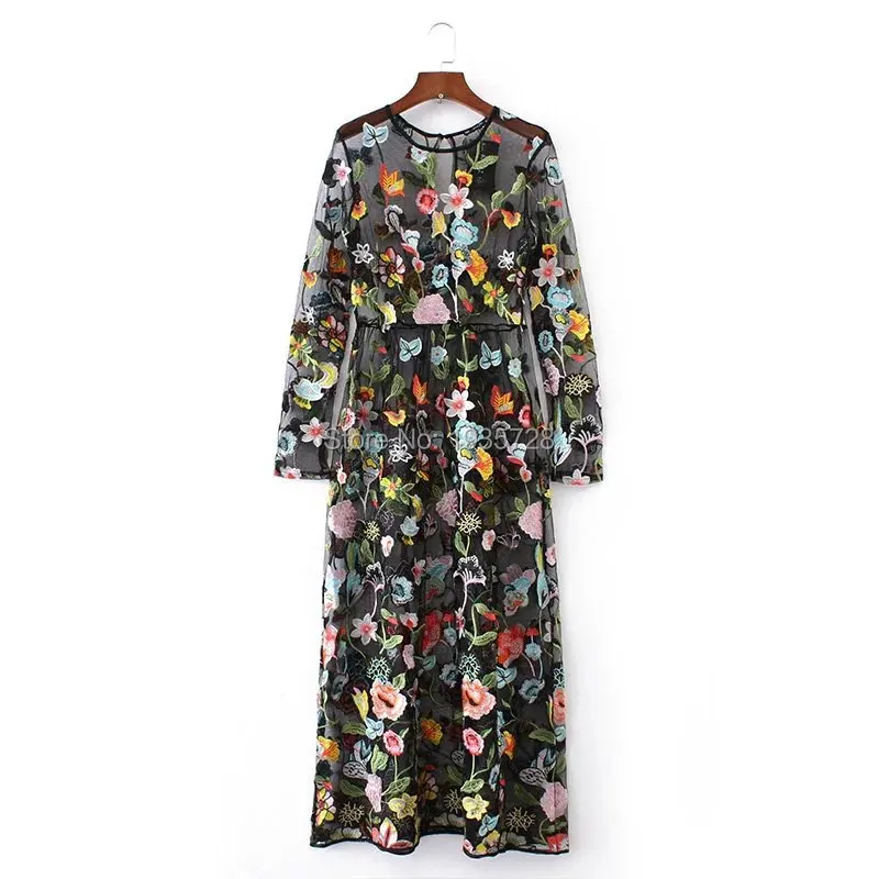 Женский круглый вырез с длинными рукавами цветочные цветы вышитые дизайн Макси прозрачный тюль платье с пуговицами-Замочная скважина сзади