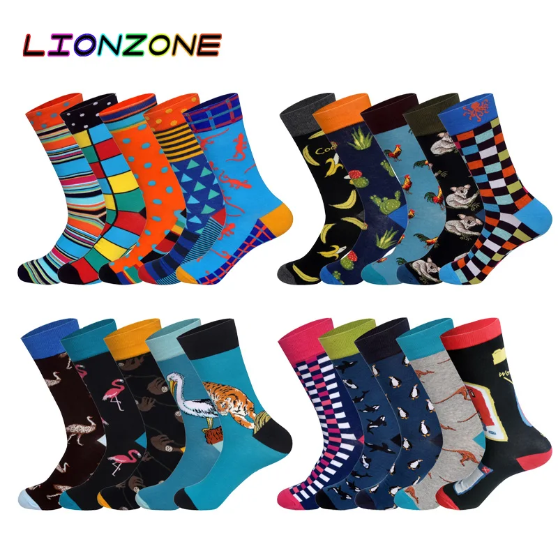 LIONZONE 5 пар/лот новые брендовые хлопковые носки мужские мутиколоры Британский Стиль Уличная дизайнер счастливые носки забавные с подарочной коробкой
