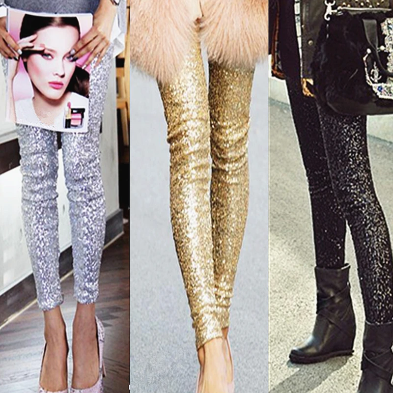 

Women Punk Bling Trousers Shining Gold Black Silver Sequins Leggings Fashion Streetwear Feminina Slim thin buttock leggins