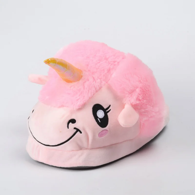 Зимние теплые домашние тапочки Плюшевые женские с единорогом из мультфильма для