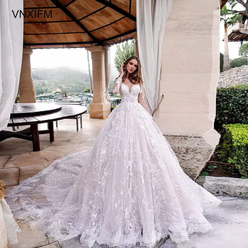 VNXIFM 2019-bridal-long-sleeves-sweetheart-neckline-full-embellishment-princess-romantic-ball-gown-a-line-wedding-dress | Свадьбы и