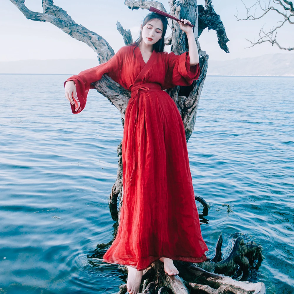 Khale Yose, осень, современное Hanfu платье с длинным рукавом, красное Женское Платье макси с запахом, бохо, китайский Hanfu, женское платье, одежда