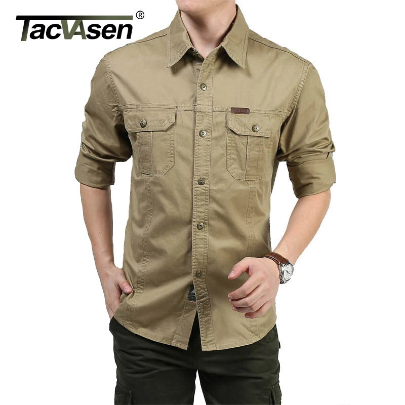 TACVASEN Men Cargo Shirts Summer Long Sleeve Cotton Work Shirts Military Army Tactical Shirts Solid Loose Man Clothing Plus Size