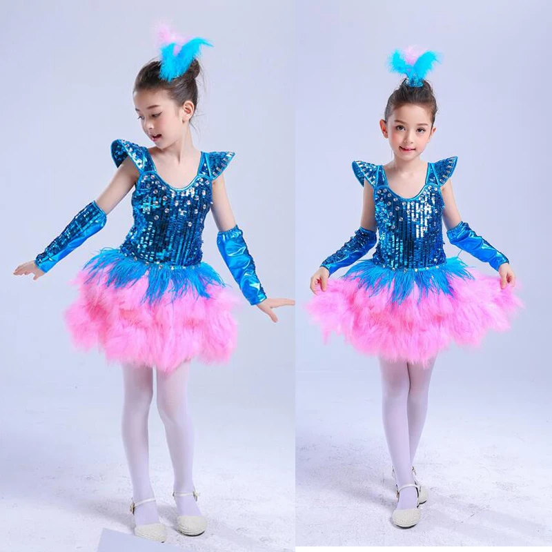 Blue Pink New kids ballroom dress dance costumes Girls Sequined jazz hip hop dancing For Child Stage Party Outfits | Тематическая
