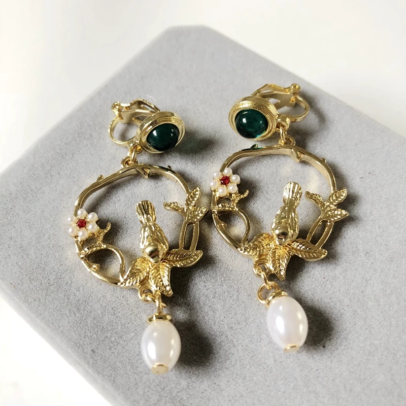 

Cute Design Bird Pearl Charm Flower Sweet Clip Earring Fashion New Modern For Women Accessories