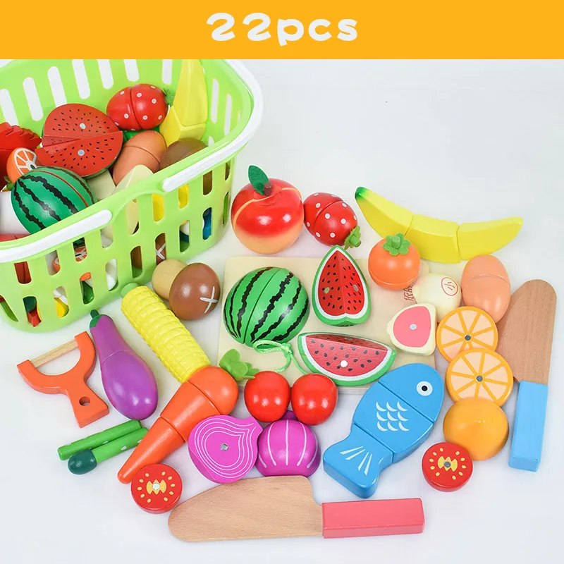 22 pcs set Детские игрушки из дерева, Игрушки для раннего образования, Детские фрукты, овощи, кухонные режущие игрушки, детские ролевые игры, Jouet для дошкольницы - Цвет: 22 pcs set