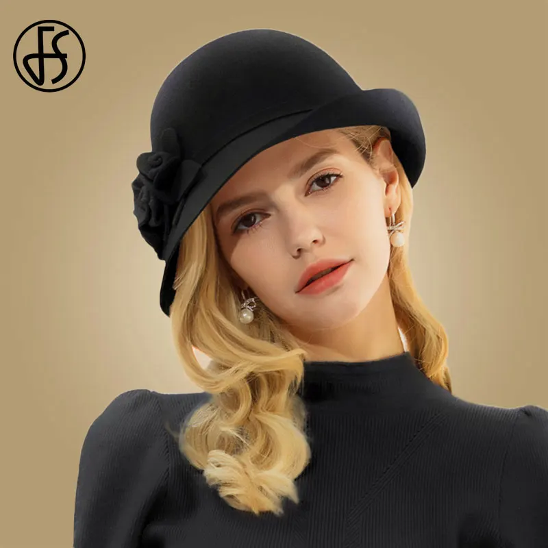 Black Wool Hat FS австралийская шерстяная шляпа-Клош для женщин с широкими полями зима осень Дерби фетровая шляпа-котелок - Цвет: Black Wool Hat