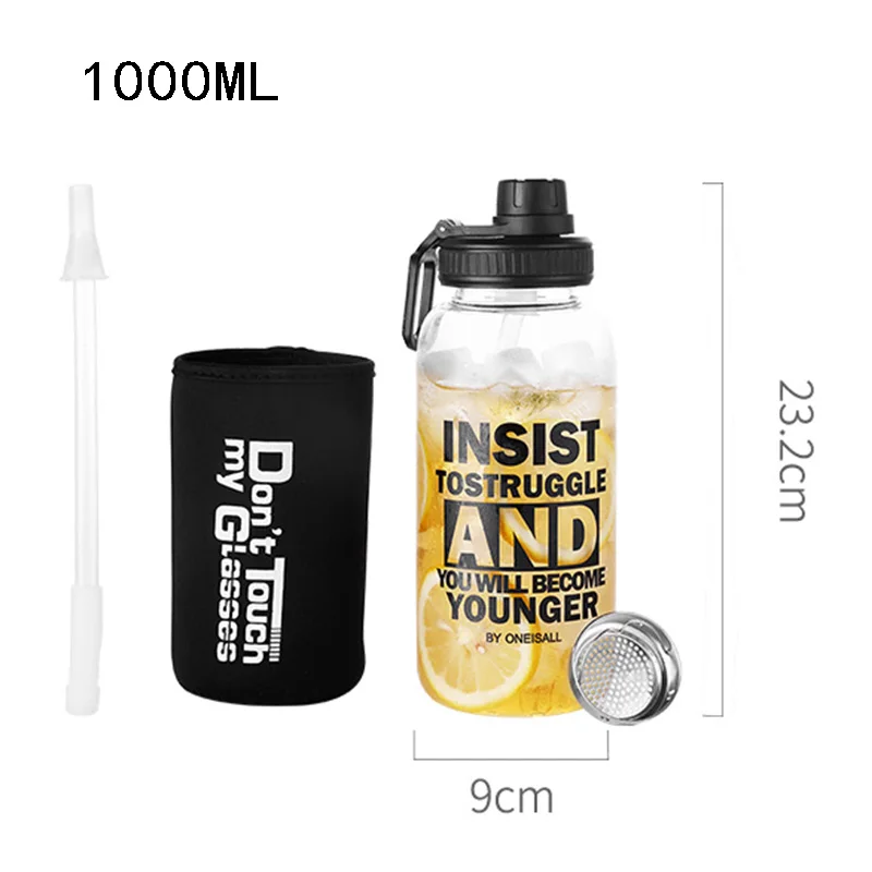 1000ml Black 1000 мл 600 мл стеклянная бутылка для воды спортивная уличная большая емкость бутылка для воды соломинка 304 нержавеющая сталь Чайный фильтр бутылка рукав - Цвет: 1000ml Black