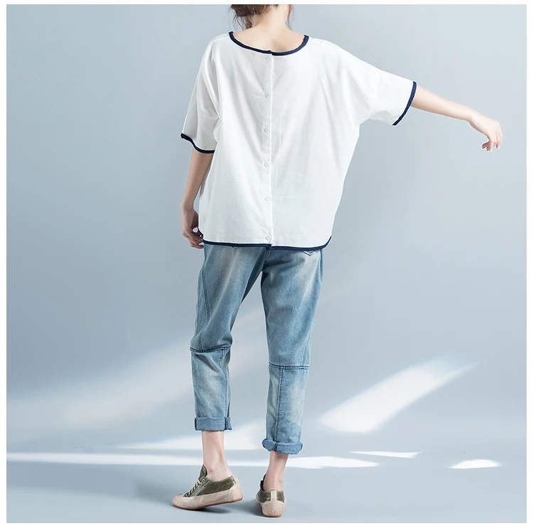 Fashion Batwing Sleeve Cat Patterned Back Button Cotton &amp Linen T-Shirts Summer Plus Size Casual Loose Tops Baggy T-Shirt Tee | Женская