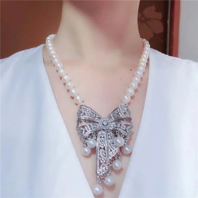 Hand knotted 9-10mm white natural freshwater pearl bowknot micro inlay zircon necklace fashion jewelry | Украшения и аксессуары