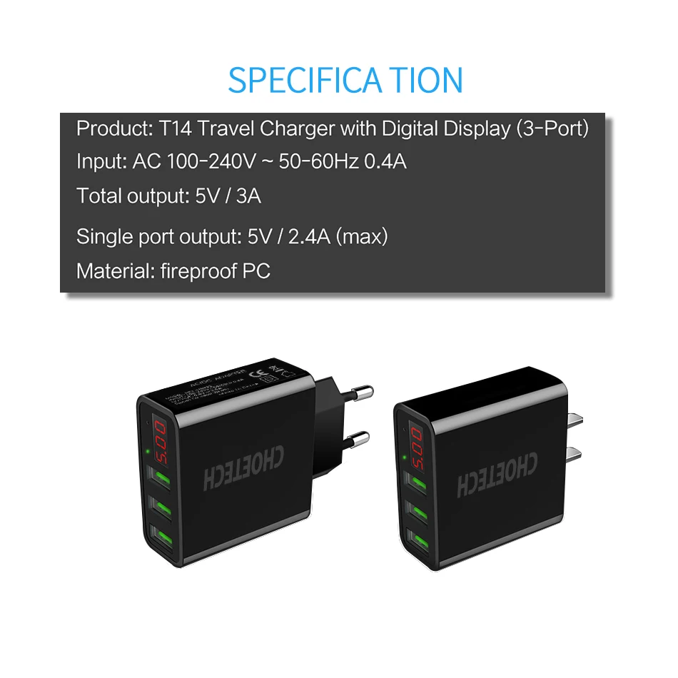 CHOETECH 3 USB зарядное устройство для мобильного телефона светодиодный дисплей дорожное настенное зарядное устройство Быстрая Зарядка адаптер 5 В/3 А 15 Вт для iPhone 11 X XR XS MAX 8