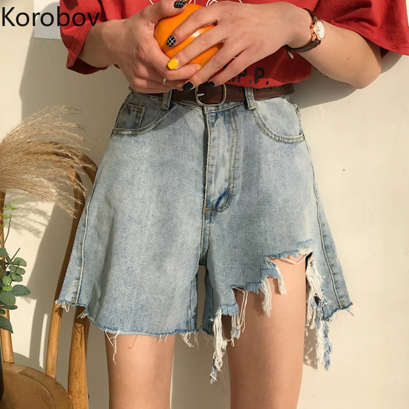Korobov корейские джинсовые шорты с кисточками и дырками для женщин большие размеры
