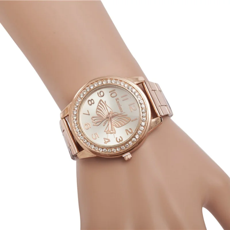 Женские кварцевые часы повседневные из сплава с бабочкой и бриллиантами круглые