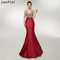 janevini luxury prom dress beaded sequined satin v neck burgundy sexy mermaid formal party gowns bridesmaid dresses floor length