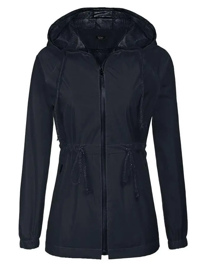 Hooded Lightweight Waterproof Black Navy Long Casual Raincoat Blue Sleeve Rain Zipper Regular Jacket Women Yellow Solid