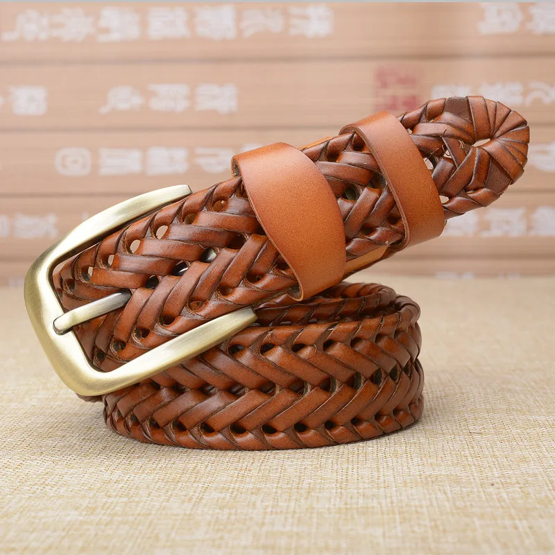 Ремень из натуральной кожи с пряжкой язычком для мужчин и женщин плетеный