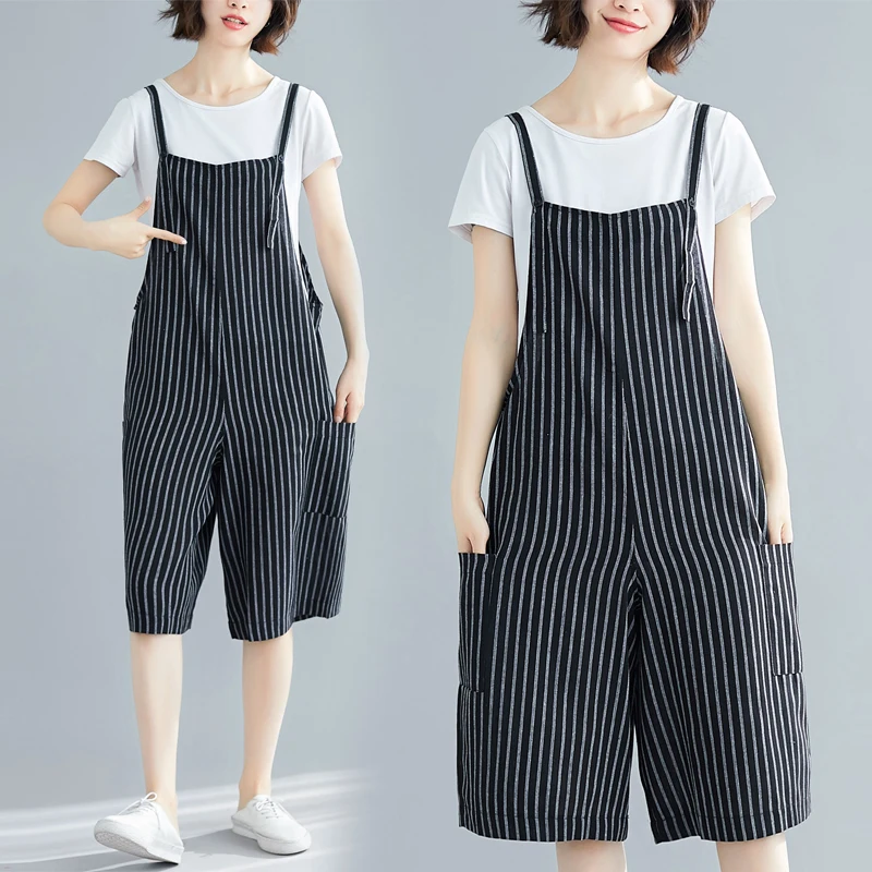 

#4009 Summer Striped Jumpsuits Lady Loose Off Shoulder Shorts Jumpsuit Casual Loose Playsuits Female Cotton Wide Leg Pants Femme
