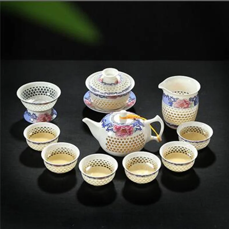 Чайный горшок 10 шт. чайный набор кунг фу сервиз с кристаллами льда синим и белым