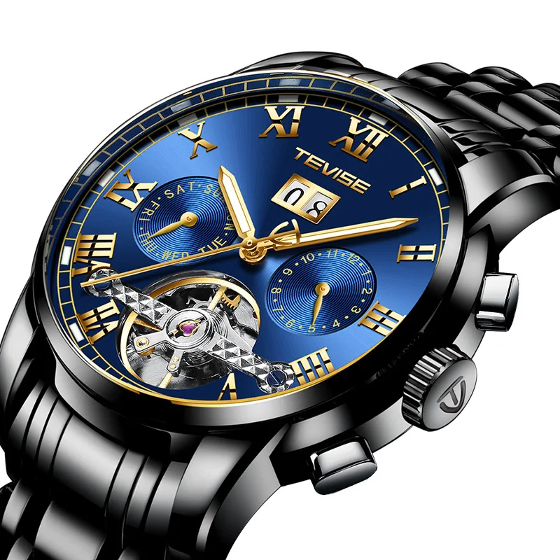 TEVISE, мужские часы, автоматические механические часы, мужские Tourbillon, водонепроницаемые часы со скелетом, мужские наручные часы, Relogio Masculino - Цвет: black blue