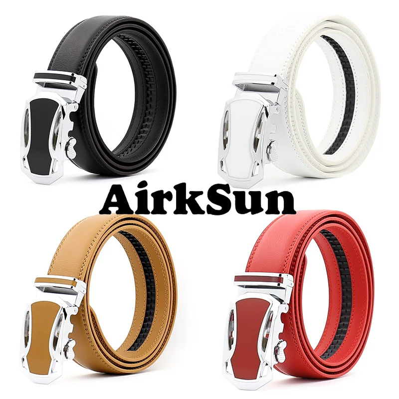 AirkSun 2017 Fashion Red White Black Solid Strap Male Genuine Leather Belts For Men Luxury Car Automatic Buckle Ceinture 140cm | Аксессуары