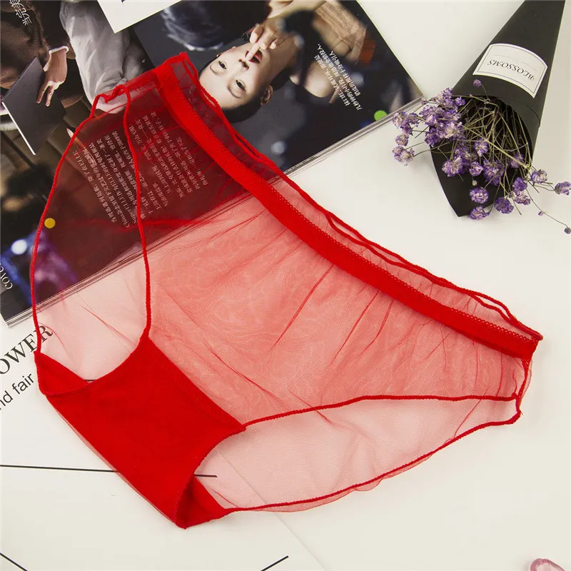 Red Plus size Women Panties Sexy Lace Thongs Ultra-thin mesh Transparent lingerie Women's Soft Briefs Bow Panty Underwear 00 - Цвет: Red