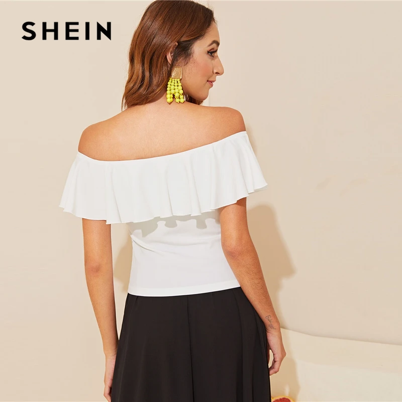 SHEIN элегантный белый Волан с открытыми плечами Приталенный топ Однотонная футболка женская летняя без рукавов основы тонкая футболка Топы