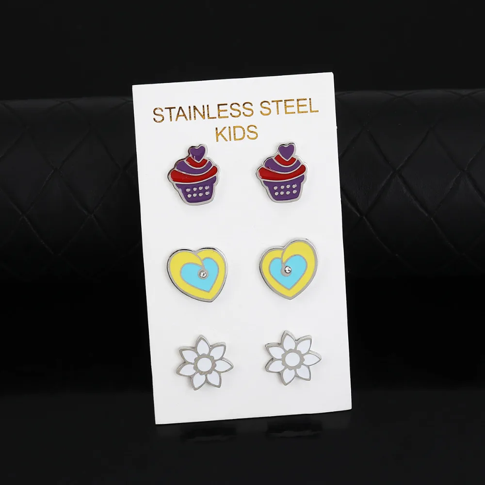 8Seasons Stainless Steel Ear Post Stud Earrings Gold Color Multicolor Cake Heart Enamel Fashion 1 Set ( 3 Pairs/Set) | Украшения и