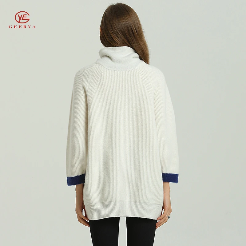 Geerya Casual Long Knitted Sweater Autumn Korean Women Turtleneck Loose Solid Color Lantern Sleeve Female Jacket Beige | Женская одежда