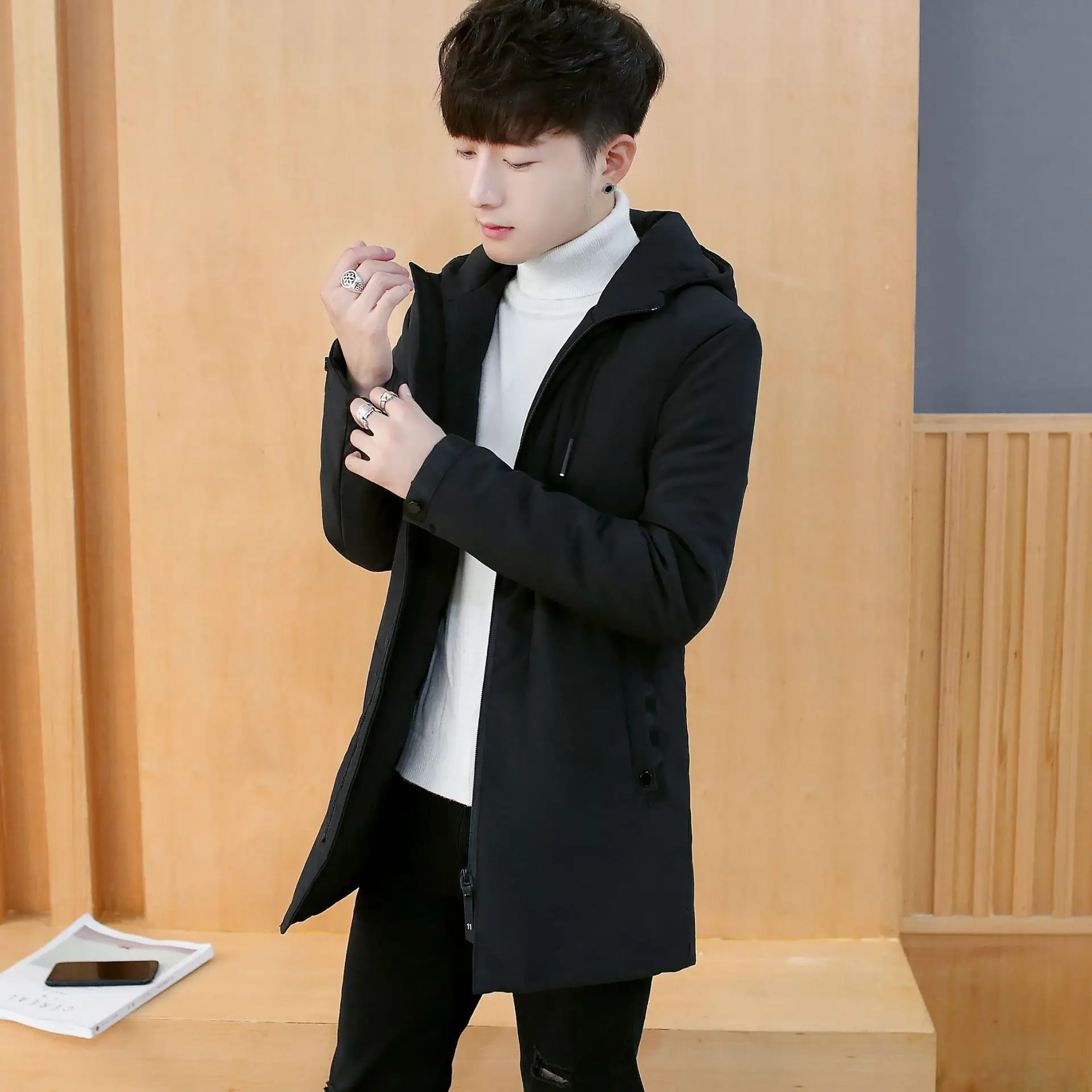 Мужская теплая длинная парка в Корейском стиле повседневное зимнее длинное