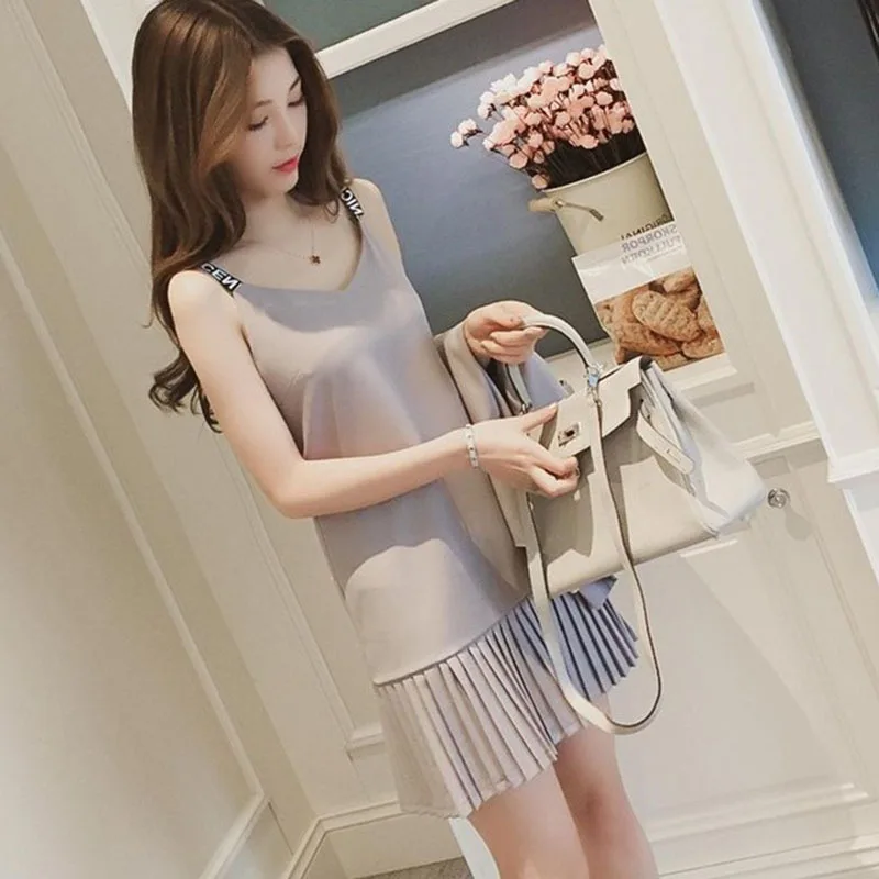 MLXSLKY Весна и лето длинный пиджак жилет костюм + плиссированное платье на бретелях