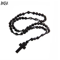 jinse dark black rosary beads orthodox cross wood pendant necklace fashion religious jewelry ron004
