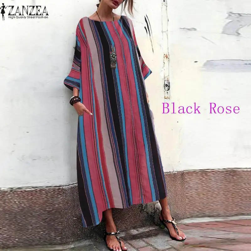 Black Rose Летнее богемное Полосатое Макси платье ZANZEA, женский сарафан, Модный повседневный, мешковатый, Vestidos, женский пляжный халат большого размера 5XL - Цвет: Black Rose