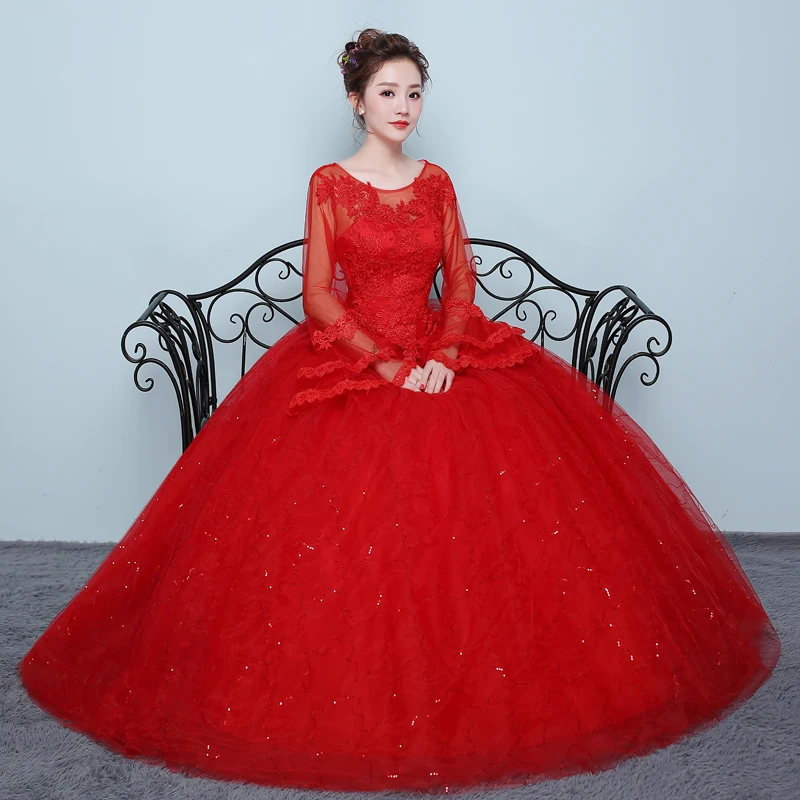 Fansmile красное Тюлевое свадебное платье с длинным рукавом Vestido De Noiva кружевное бальное свадебное платье на заказ размера плюс свадебное платье FSM-418F