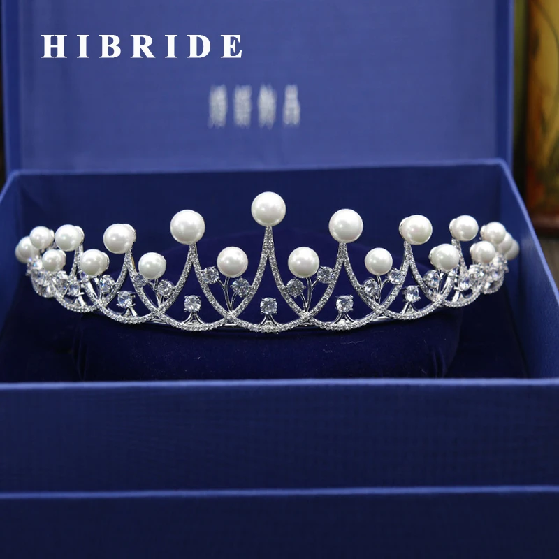 

HIBRIDE Wedding Bridal Pearl Crown Women Fashion Jewelry Hair Accessories Coper White Gold Color bijoux cheveux C-07