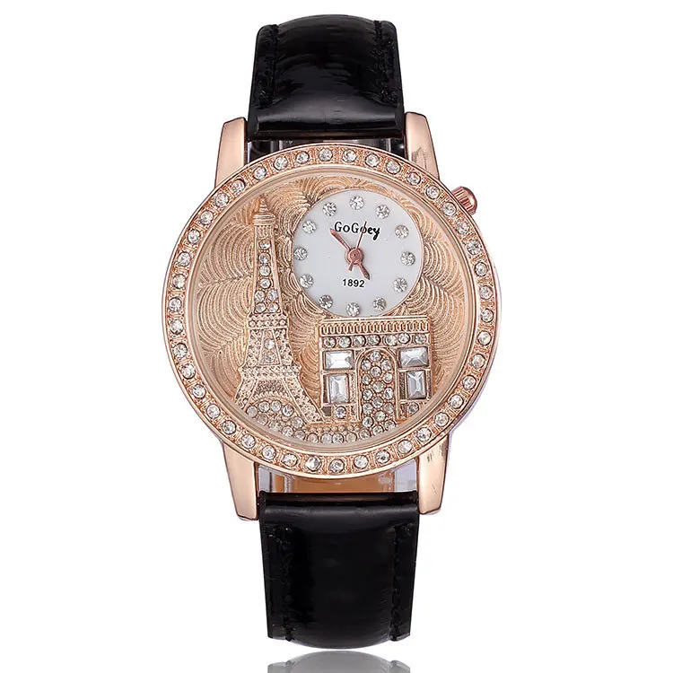 2014 Fashion watch quartz analog alloy Effiel Tower design big case crystal diamonds women leather strap wristwatches | Наручные часы