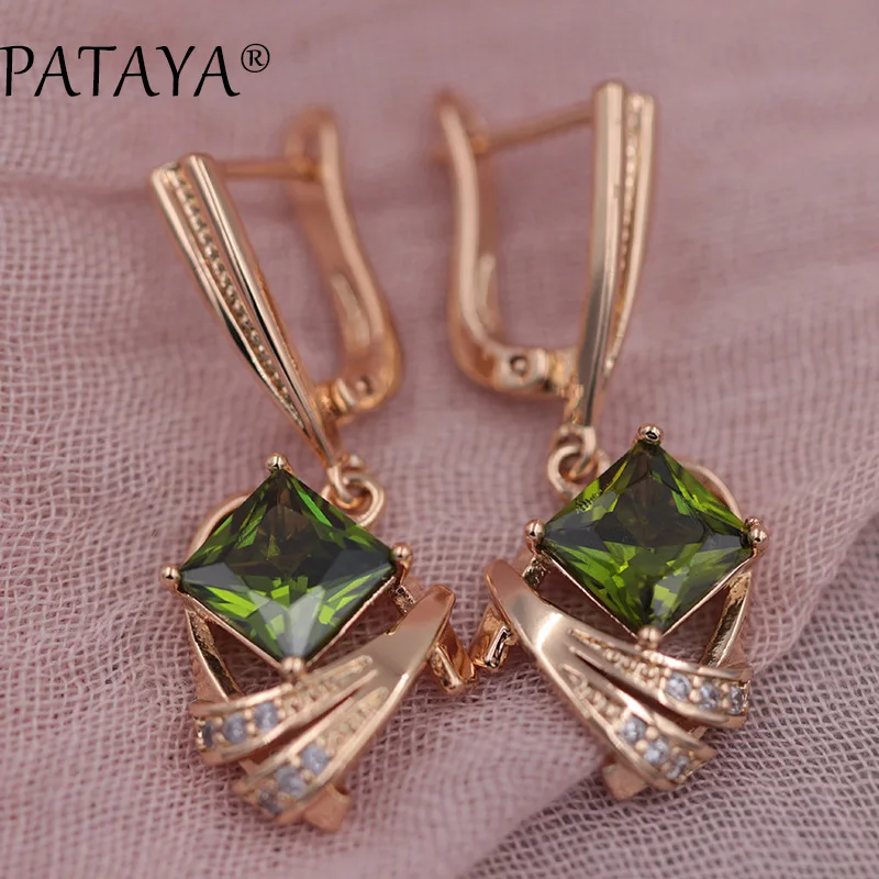 PATAYA 585, длинные серьги из розового золота AB, цветной натуральный кубический цирконий, ювелирные изделия, женские роскошные фиолетовые серьги с квадратной подвеской