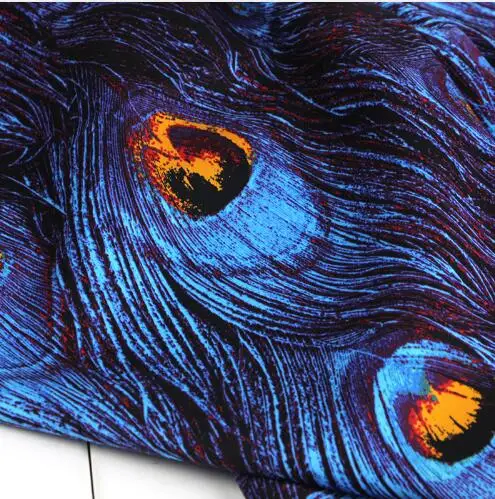 РЕТРО ПРИНТ перьев павлина желтый/синий микро Эластичный сатин эксклюзивная