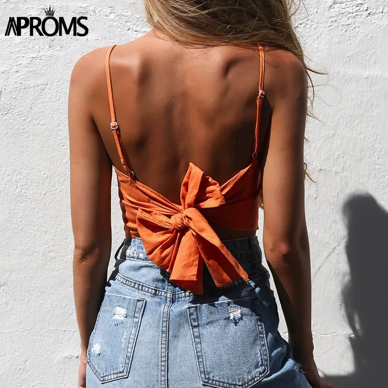 Orange Aproms белый кружевной льняной топик Женский Летний Пляжный галстук с бантом женский топ на бретельках сексуальный короткий топ без рукавов с открытой спиной - Цвет: Orange