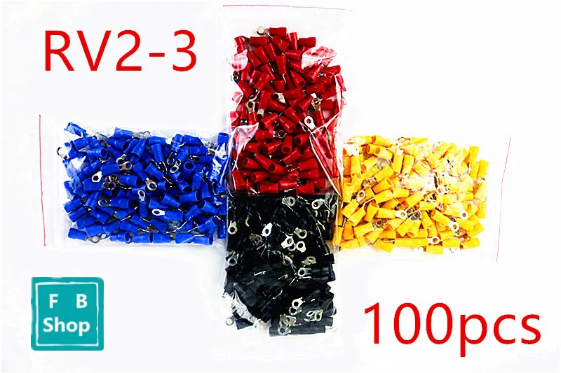 100pcs RV2-3 red blue black yellow Round pre insulated terminal cold pressed copper nose cable connect - купить по выгодной цене