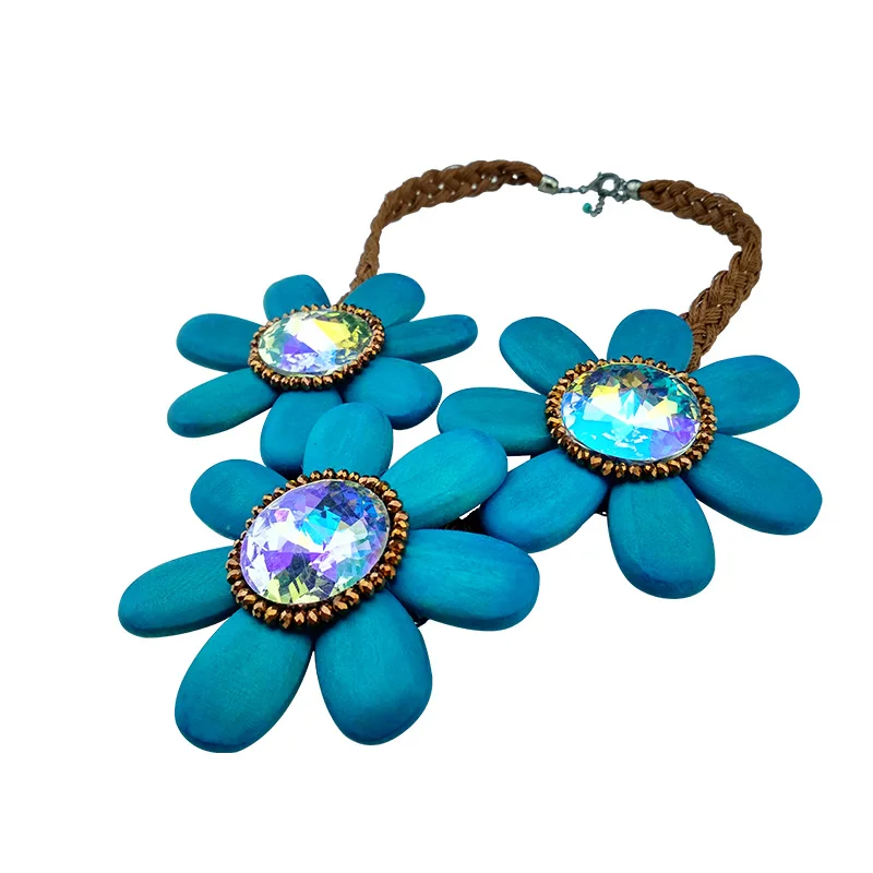 

Bohemia style handmade woman necklace 3 blue flowers pendant crystal & leather & wood Combination female daily elegant Jewelry