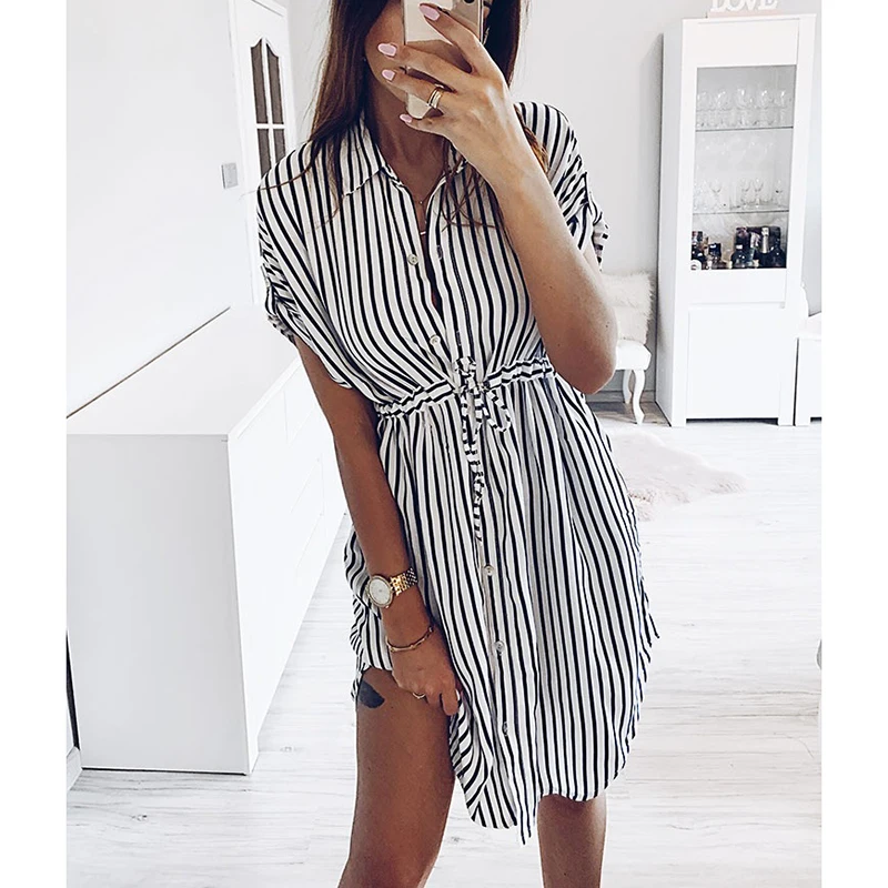 Полосатое платье женское Бандажное рубашка летнее Мини Повседневное для