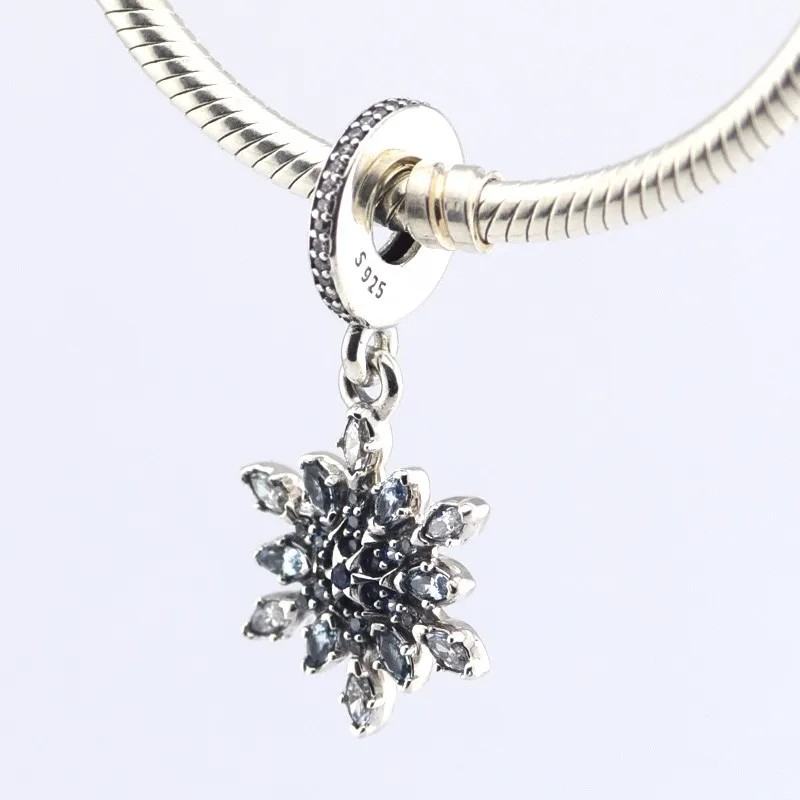 

Подходит для браслетов Pandora, кристаллические подвески в виде снежинок с синими кристаллами, 100% серебряные бусины 925 пробы, бесплатная доставка