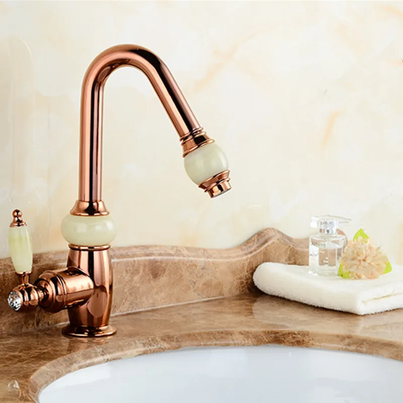 

Wash-basin Faucets Rose Gold Brass Pull Out Tap Luxury Bathroom Basin Faucet With Jade Shower Head Cold Hot Water Sink Mixer Tap