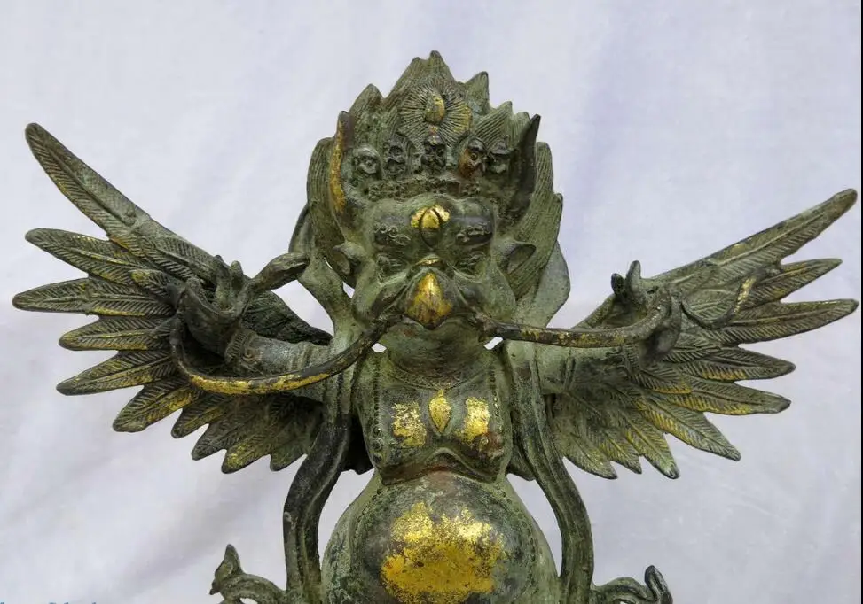 7&quot China old bronze gild sculpture carved Golden wings dapeng bird buddha Statue | Дом и сад