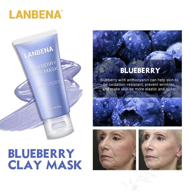 BLUBERRY CLAY MASK LANBENA Mung Bean глина маска для лица+ бамбуковый уголь+ черника+ Роза Глубокая очистка удаляет жир сужает поры Питательный Уход за кожей - Цвет: BLUBERRY CLAY MASK
