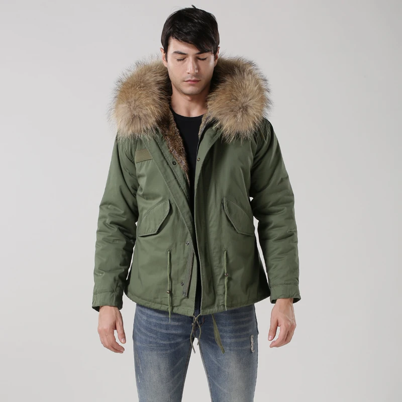

New arrival male down parka in army green with natural fake fur lined UK stylish Mr and Mrs fur coat